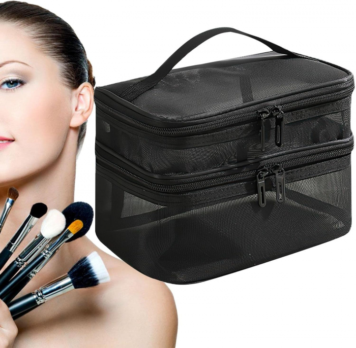 Geanta organizatoare cosmetice si parfumuri, Tecos, cu maner, ideala pentru travel sau bagaj de cala, negru, 2 compartimente [7]