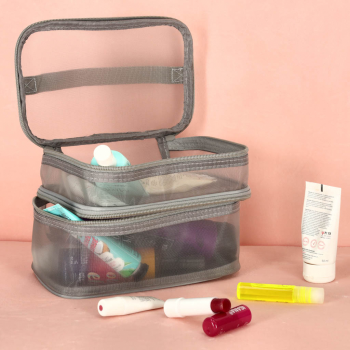 Geanta organizatoare cosmetice si parfumuri, Tecos, cu maner, ideala pentru travel sau bagaj de cala, gri, 2 compartimente [10]