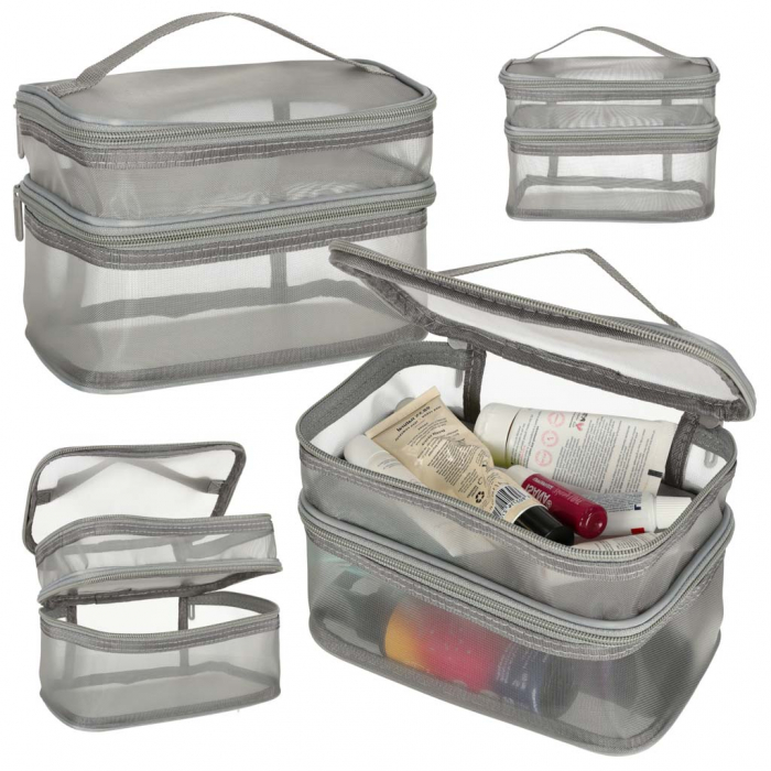 Geanta organizatoare cosmetice si parfumuri, Tecos, cu maner, ideala pentru travel sau bagaj de cala, gri, 2 compartimente [7]