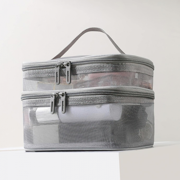 Geanta organizatoare cosmetice si parfumuri, Tecos, cu maner, ideala pentru travel sau bagaj de cala, gri, 2 compartimente [6]