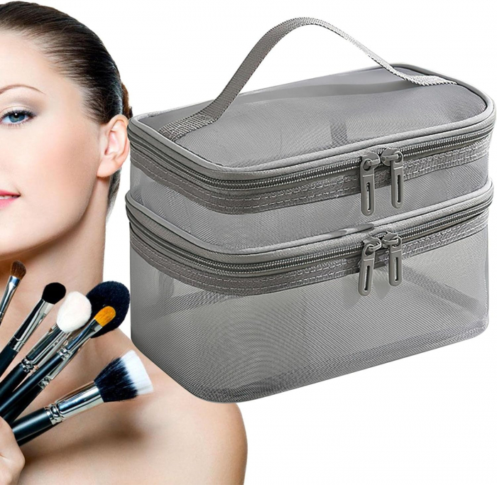 Geanta organizatoare cosmetice si parfumuri, Tecos, cu maner, ideala pentru travel sau bagaj de cala, gri, 2 compartimente [4]