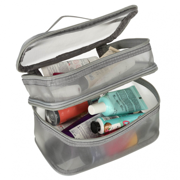 Geanta organizatoare cosmetice si parfumuri, Tecos, cu maner, ideala pentru travel sau bagaj de cala, gri, 2 compartimente [8]