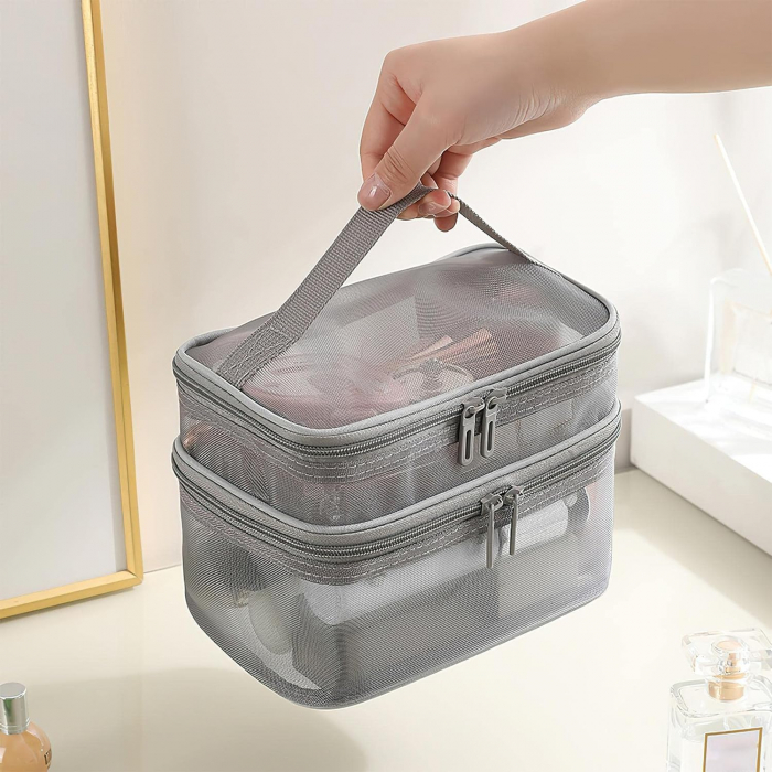 Geanta organizatoare cosmetice si parfumuri, Tecos, cu maner, ideala pentru travel sau bagaj de cala, gri, 2 compartimente [5]