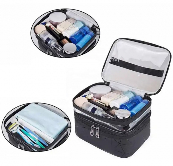 Geanta organizatoare cosmetice si parfumuri, Tecos, cu maner, ideala pentru travel sau bagaj de cala, verde jad, 2 compartimente [2]