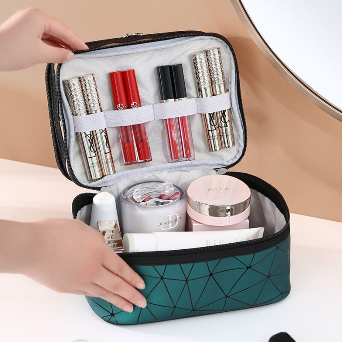 Geanta organizatoare cosmetice si parfumuri, Tecos, cu maner, ideala pentru travel sau bagaj de cala, verde jad, 2 compartimente [7]