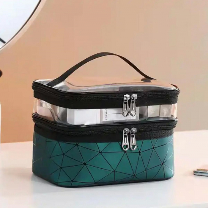 Geanta organizatoare cosmetice si parfumuri, Tecos, cu maner, ideala pentru travel sau bagaj de cala, verde jad, 2 compartimente [6]