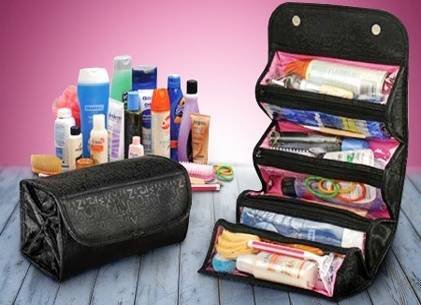 Geanta organizatoare cosmetice si parfumuri, Tecos®, ideala pentru calatorii, negru denim, 4 compartimente [2]