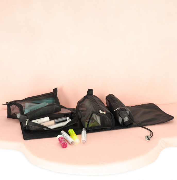 Geanta organizatoare cosmetice si parfumuri, Tecos, ideala pentru travel sau bagaj de cala, negru, 4 compartimente detasabile [3]