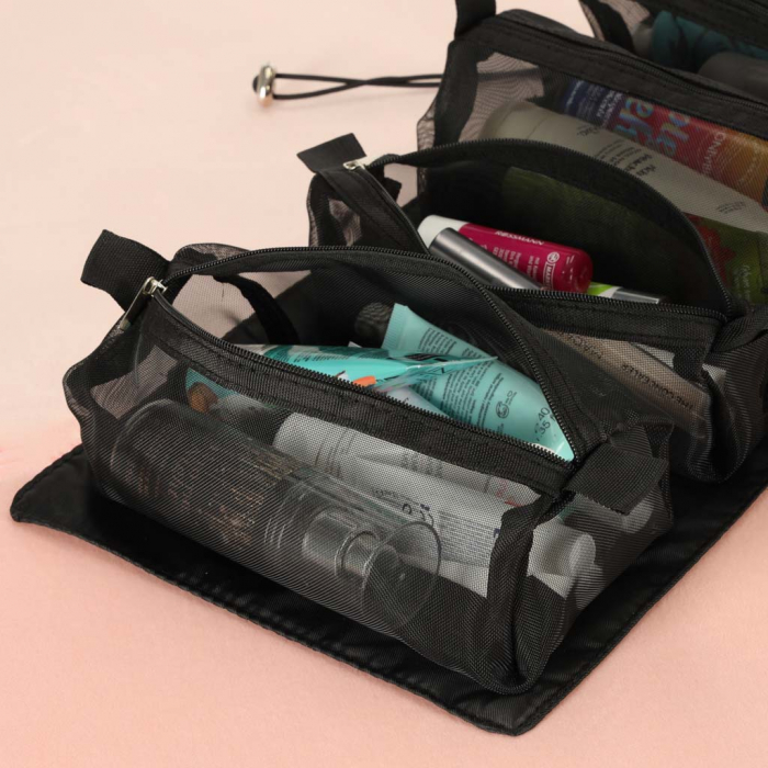 Geanta organizatoare cosmetice si parfumuri, Tecos, ideala pentru travel sau bagaj de cala, negru, 4 compartimente detasabile [7]
