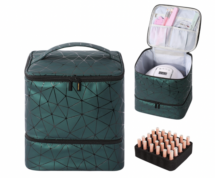 Geanta premium pentru depozitarea si transportul setului de unghii cu lampa UV si accesorii, Tecos®, verde, dimensiuni 24x23x15 cm, 2 compartimente, ideala pentru nail artist [9]