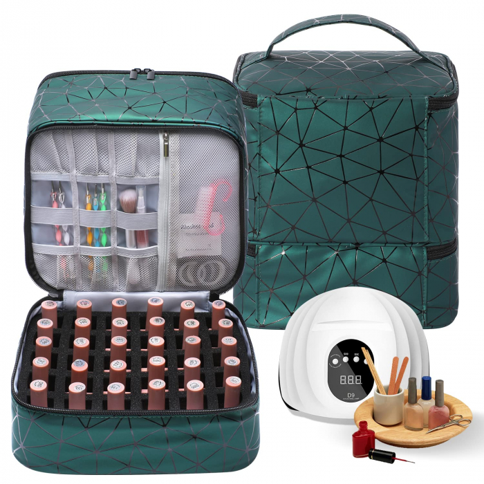Geanta premium pentru depozitarea si transportul setului de unghii cu lampa UV si accesorii, Tecos®, verde, dimensiuni 24x23x15 cm, 2 compartimente, ideala pentru nail artist [6]