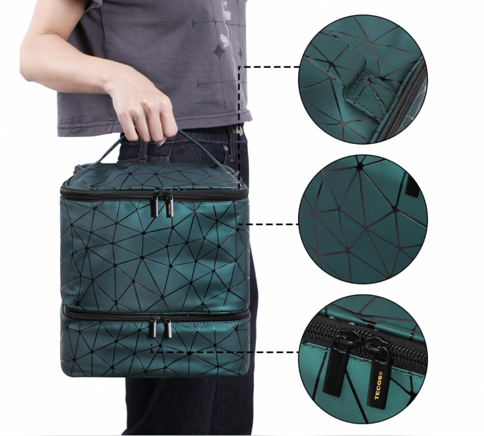 Geanta premium pentru depozitarea si transportul setului de unghii cu lampa UV si accesorii, Tecos®, verde, dimensiuni 24x23x15 cm, 2 compartimente, ideala pentru nail artist [10]