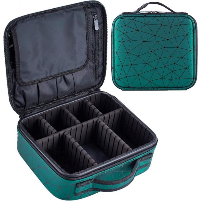 Geanta premium pentru depozitarea si transportul trusei de machiaj si accesorii, Tecos®, verde, dimensiuni 25.5x22.5x9.5 cm, multiple compartimente, ideala pentru make-up artist [1]