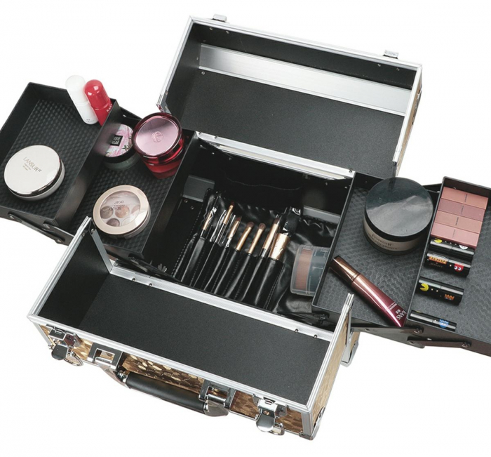 Geanta profesionala pentru cosmetice sau depozitare, Tecos®, maro cu insertii de aluminiu, dimensiuni 30,5x20,5x25cm, 1 compartiment principal si 4 secundare, ideala pentru calatorii sau activitati pr [4]