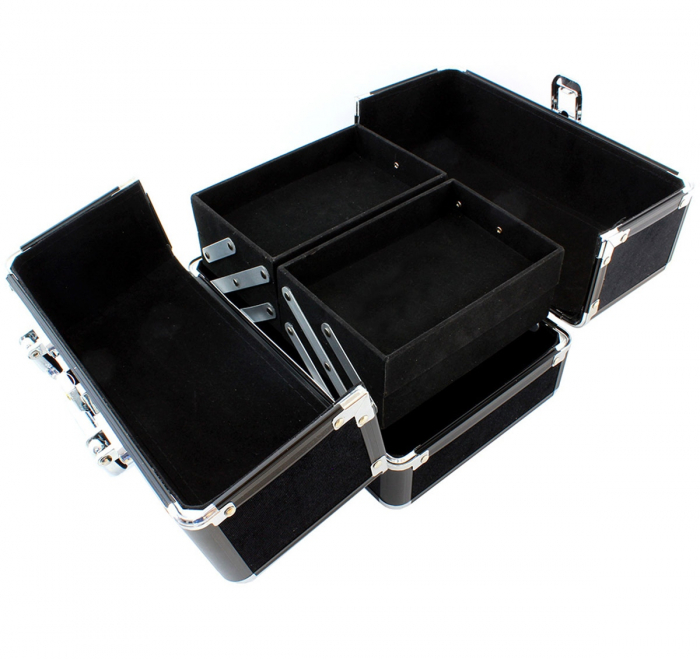 Geanta profesionala pentru cosmetice sau depozitare, Tecos, negru cu insertii de aluminiu, dimensiuni 25 cm x 17 cm x 17 cm, 1 compartiment principal si 4 secundare, ideala pentru calatorii sau activi [4]