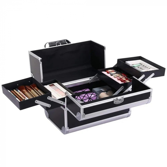 Geanta profesionala pentru cosmetice sau depozitare, Tecos, negru cu insertii de aluminiu, dimensiuni 25 cm x 17 cm x 17 cm, 1 compartiment principal si 4 secundare, ideala pentru calatorii sau activi [5]