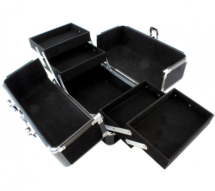 Geanta profesionala pentru cosmetice sau depozitare, Tecos, negru cu insertii de aluminiu, dimensiuni 25 cm x 17 cm x 17 cm, 1 compartiment principal si 4 secundare, ideala pentru calatorii sau activi [3]