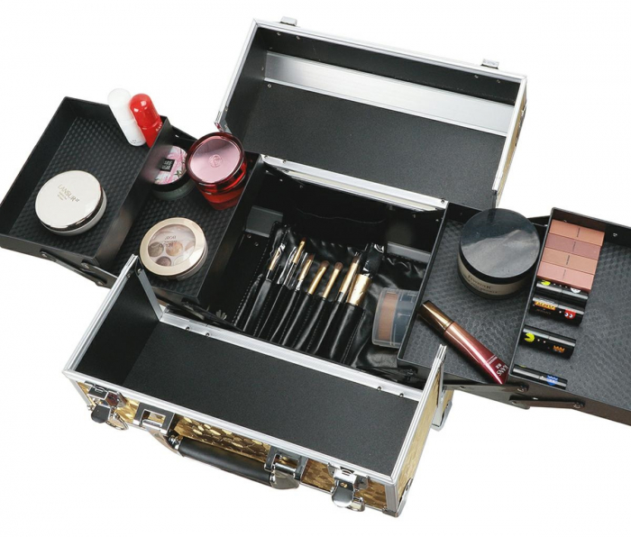 Geanta profesionala pentru cosmetice sau depozitare, Tecos®, auriu cu insertii de aluminiu, dimensiuni 30, 5x20, 5x25cm, 1 compartiment principal si 4 secundare, ideala pentru calatorii sau activitati [4]