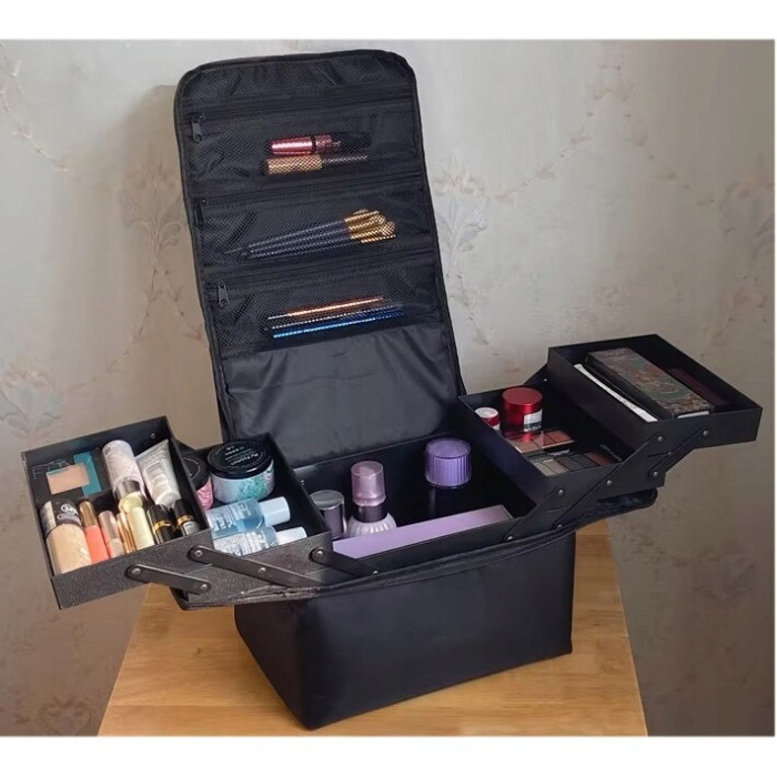 Trusă profesională de cosmetice negru cu sertare extensibile și compartimente – organizator make-up [6]