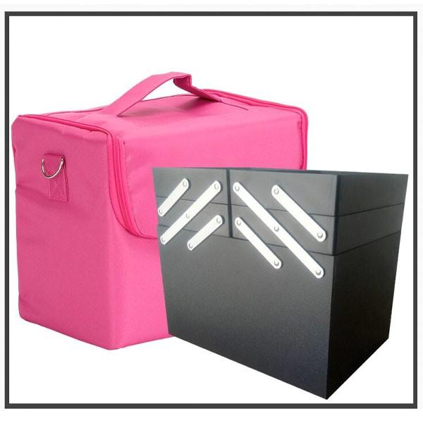 Trusă profesională de cosmetice roz cu sertare extensibile și compartimente – organizator make-up [2]