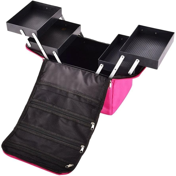 Trusă profesională de cosmetice roz cu sertare extensibile și compartimente – organizator make-up [7]
