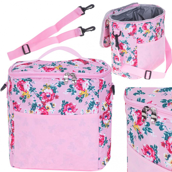 Geanta termoizolanta pentru picnic sau plaja, capacitate 11l, culoare Roz cu flori [2]