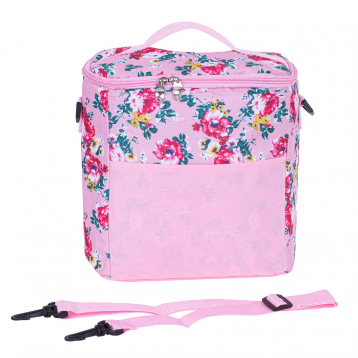 Geanta termoizolanta pentru picnic sau plaja, capacitate 11l, culoare Roz cu flori [8]