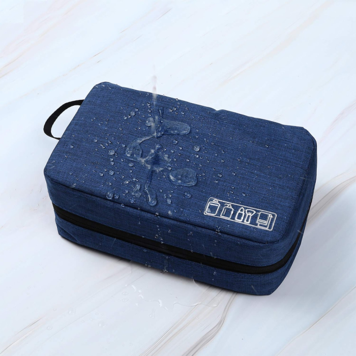 Geanta textila de voiaj pentru articole cosmetice, Tecos, 3 compartimente, dimensiuni 24* 13* 7.5 centimetri, cu agatatoare, albastru [2]