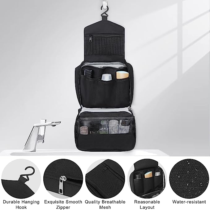 Geanta textila de voiaj pentru articole cosmetice, Tecos, 3 compartimente, dimensiuni 24* 13* 7.5 centimetri, cu agățătoare, negru [7]