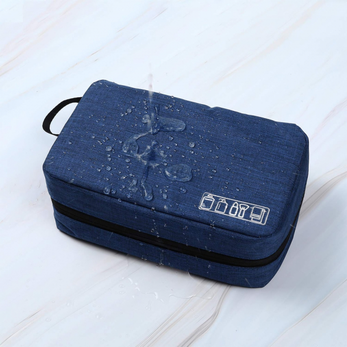 Geanta textila de voiaj pentru articole cosmetice, Tecos, 3 compartimente, dimensiuni 24* 13* 7.5 centimetri, cu agățătoare, albastru [2]