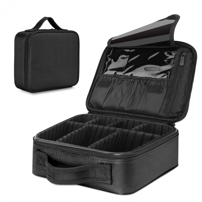 Geanta textila de voiaj pentru cosmetice, Tecos, dimensiuni 25, 5x 23x 9 cm, fermoar dublu, multiple compartimente, negru [3]