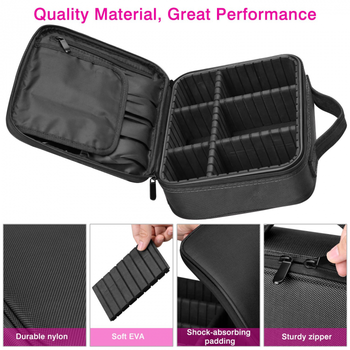 Geanta textila de voiaj pentru cosmetice, Tecos, dimensiuni 25, 5x 23x 9 cm, fermoar dublu, multiple compartimente, negru [4]