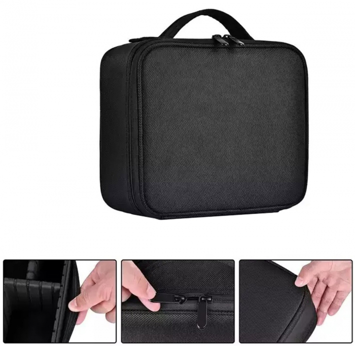 Geanta textila de voiaj pentru cosmetice, Tecos, dimensiuni 25, 5x 23x 9 cm, fermoar dublu, multiple compartimente, negru [8]