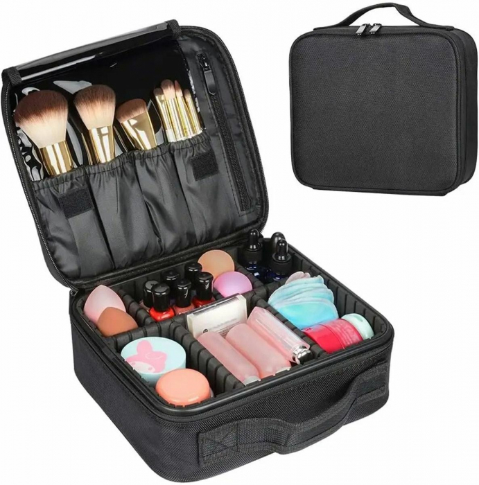 Geanta textila de voiaj pentru cosmetice, Tecos, dimensiuni 25, 5x 23x 9 cm, fermoar dublu, multiple compartimente, negru [7]