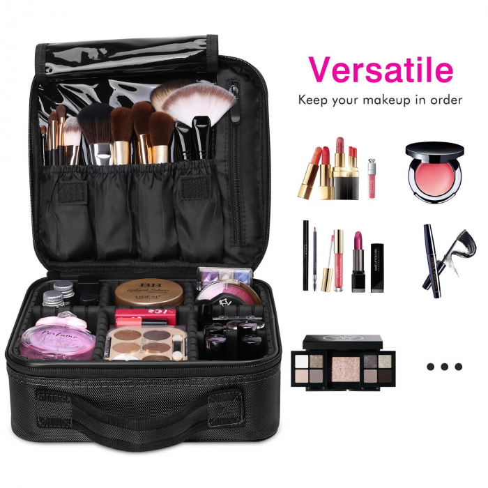 Geanta textila de voiaj pentru cosmetice, Tecos, dimensiuni 25, 5x 23x 9 cm, fermoar dublu, multiple compartimente, negru [5]