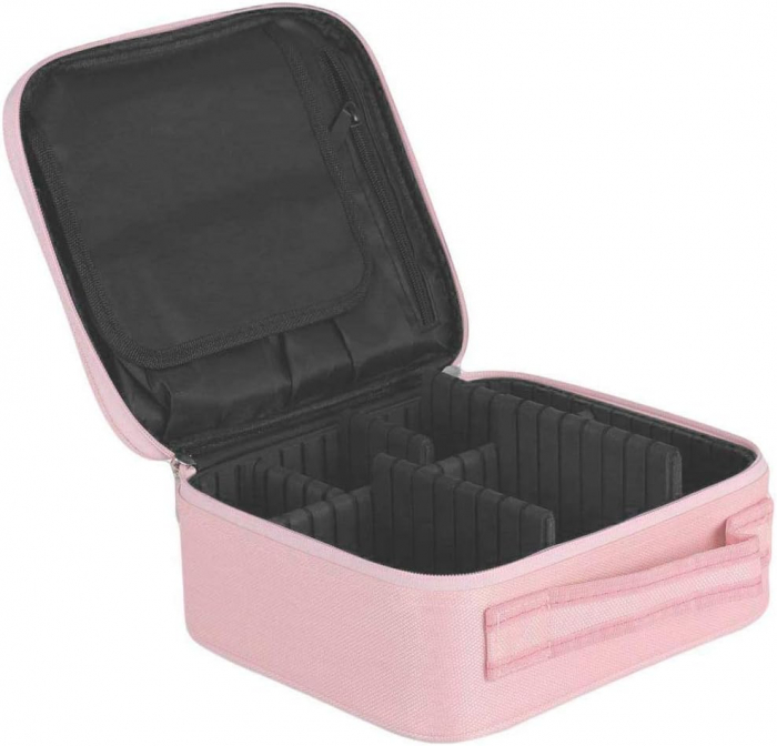 Geanta textila de voiaj pentru cosmetice, Tecos, dimensiuni 25, 5x 23x 9 cm, fermoar dublu, multiple compartimente, roz [2]