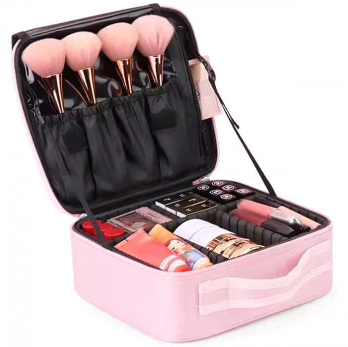 Geanta textila de voiaj pentru cosmetice, Tecos, dimensiuni 25, 5x 23x 9 cm, fermoar dublu, multiple compartimente, roz [6]