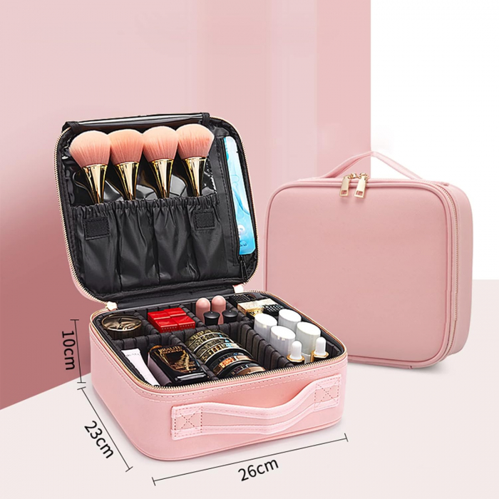 Geanta textila de voiaj pentru cosmetice, Tecos, dimensiuni 25, 5x 23x 9 cm, fermoar dublu, multiple compartimente, roz [4]