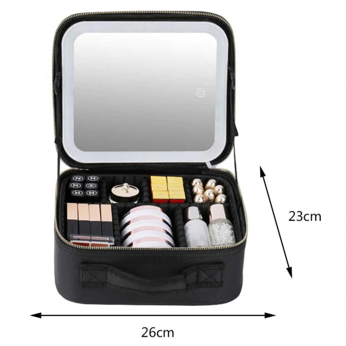 Geanta textila de voiaj pentru cosmetice, Tecos, dimensiuni 26x23x11 cm, oglinda pentru make-up iluminata cu tehnologie LED, fermoar dublu, multiple compartimente, negru [7]