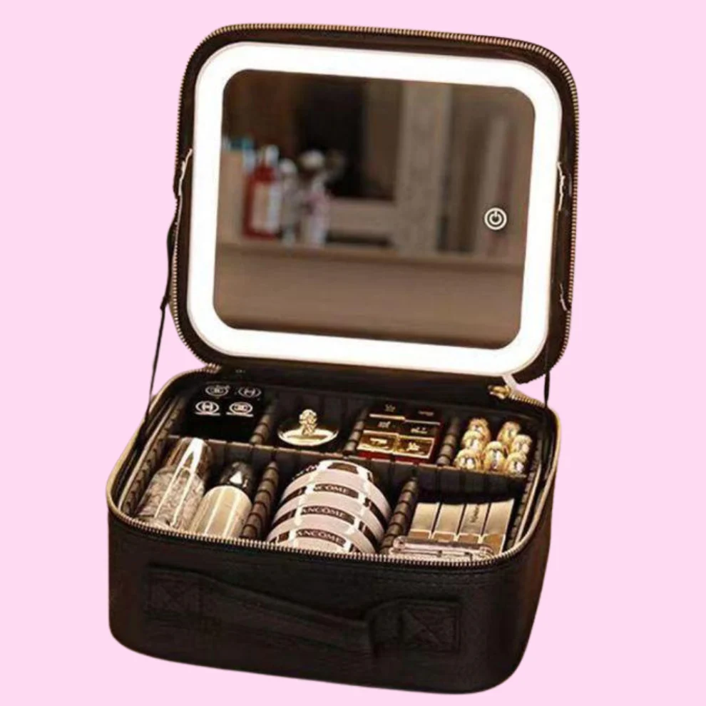Geanta textila de voiaj pentru cosmetice, Tecos, dimensiuni 26x23x11 cm, oglinda pentru make-up iluminata cu tehnologie LED, fermoar dublu, multiple compartimente, negru [5]
