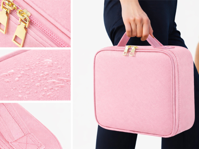 Geanta textila de voiaj pentru cosmetice, Tecos, dimensiuni 26x23x11 cm, oglinda pentru make-up iluminata cu tehnologie LED, fermoar dublu, multiple compartimente, negru [10]