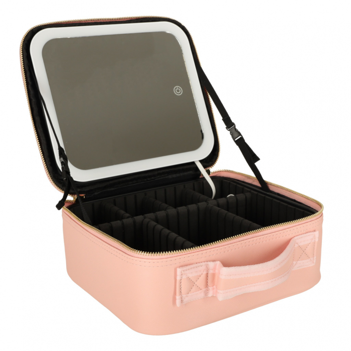 Geanta textila de voiaj pentru cosmetice, Tecos, dimensiuni 26x23x11 cm, oglinda pentru make-up iluminata cu tehnologie LED si o extra-oglinda pentru detalii mici, fermoar dublu, multiple compartiment [3]