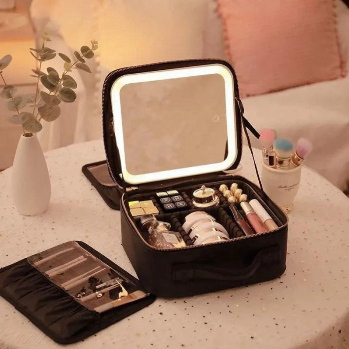 Geanta textila de voiaj pentru cosmetice, Tecos, dimensiuni 26x23x11 cm, oglinda pentru make-up iluminata cu tehnologie LED, fermoar dublu, multiple compartimente, negru [3]