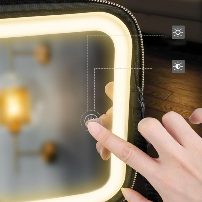 Geanta textila de voiaj pentru cosmetice, Tecos, dimensiuni 26x23x11 cm, oglinda pentru make-up iluminata cu tehnologie LED si o extra-oglinda pentru detalii mici, fermoar dublu, multiple compartiment [5]