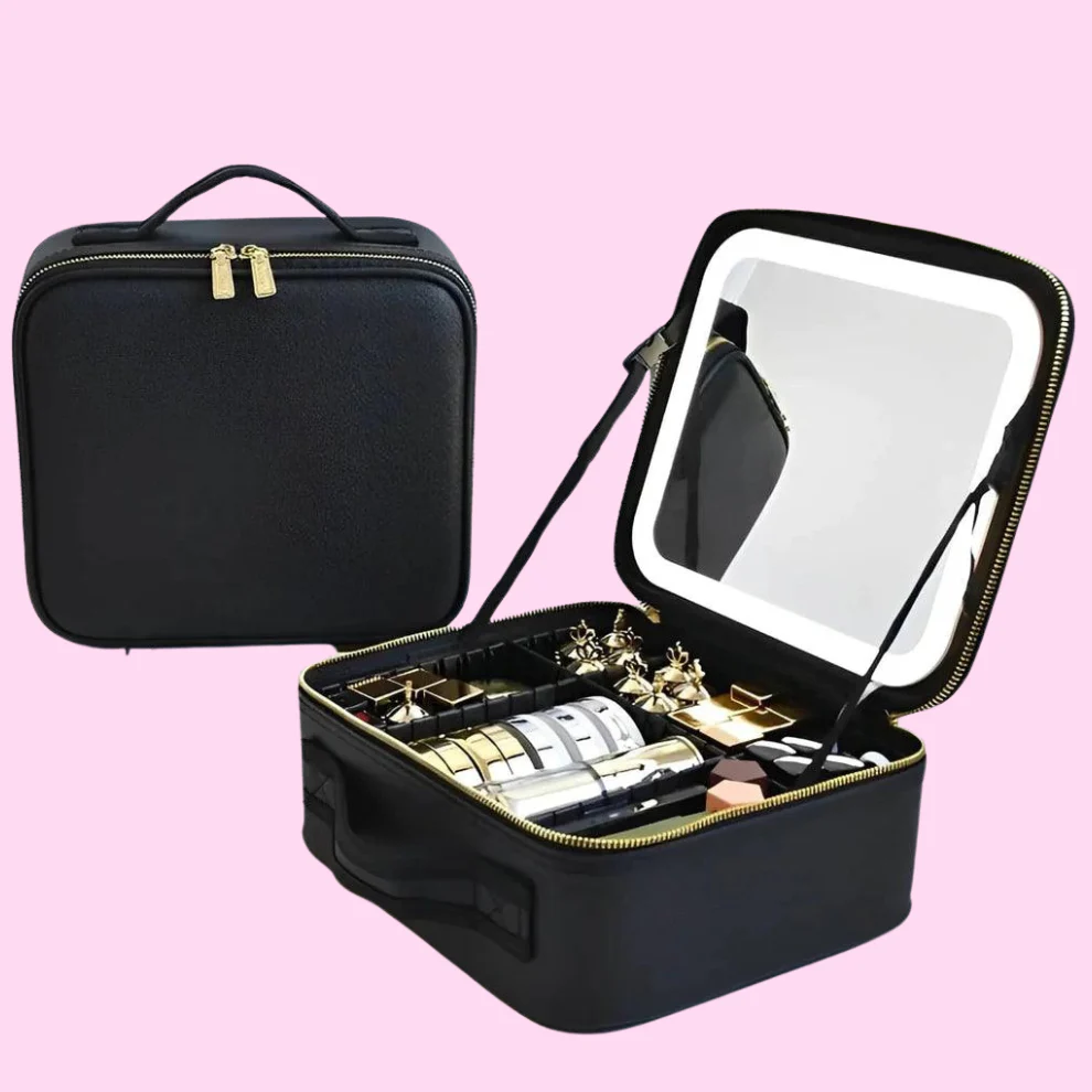Geanta textila de voiaj pentru cosmetice, Tecos, dimensiuni 26x23x11 cm, oglinda pentru make-up iluminata cu tehnologie LED, fermoar dublu, multiple compartimente, negru [6]