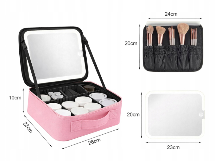 Geanta textila de voiaj pentru cosmetice, Tecos, dimensiuni 26x23x11 cm, oglinda pentru make-up iluminata cu tehnologie LED, fermoar dublu, multiple compartimente, negru [12]