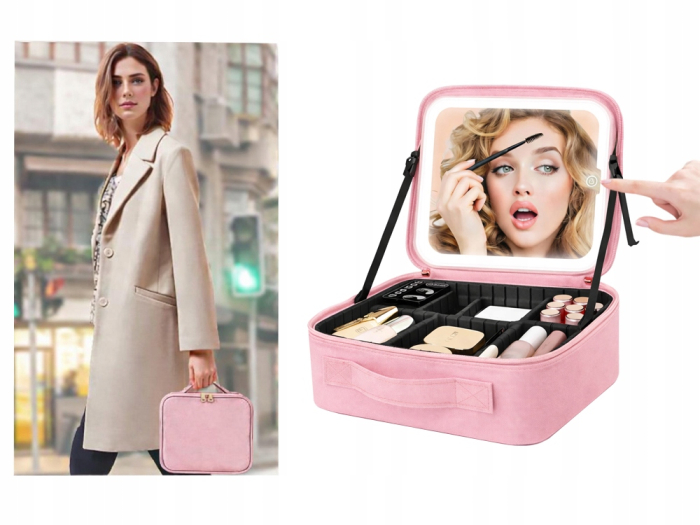 Geanta textila de voiaj pentru cosmetice, Tecos, dimensiuni 26x23x11 cm, oglinda pentru make-up iluminata cu tehnologie LED, fermoar dublu, multiple compartimente, negru [8]