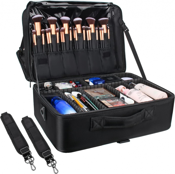 Geanta textila de voiaj pentru cosmetice, Tecos, dimensiuni 40x 29x 13 cm, fermoar dublu, multiple compartimente, negru [3]