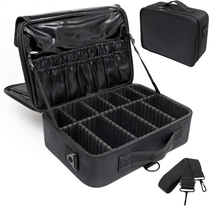 Geanta textila de voiaj pentru cosmetice, Tecos, dimensiuni 40x 29x 13 cm, fermoar dublu, multiple compartimente, negru [2]