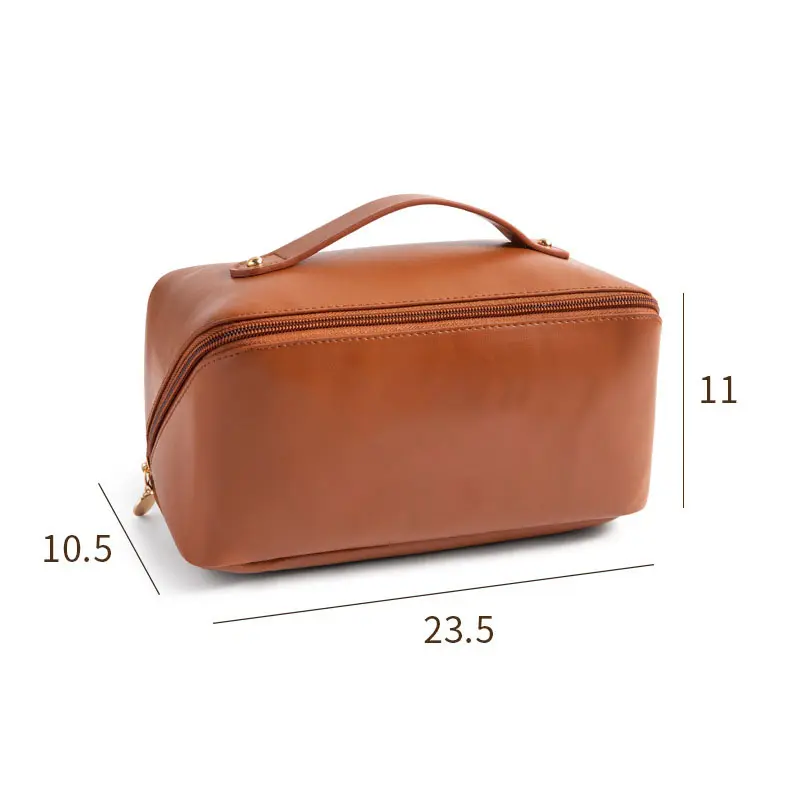 Geanta textila de voiaj unisex pentru depozitare si transport articole cosmetice, Tecos®, dimensiuni 23.5* 11* 10.5 centimetri, cu maner, maro [5]